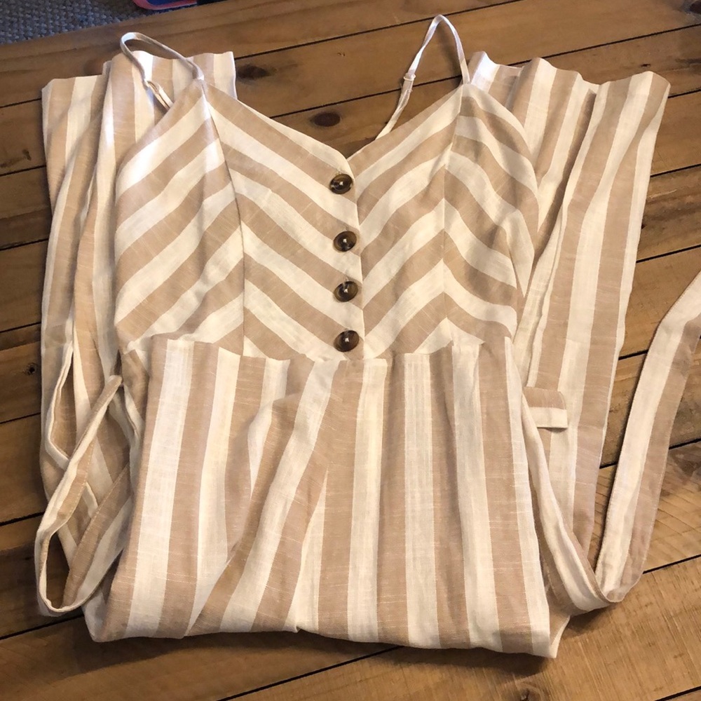 Kenzie Striped Beige + White Striped Linen Romper - Picture 2 of 5